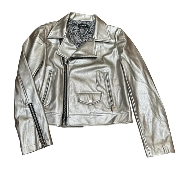 DKNY Metallic Silver Faux Leather Moto Jacket Size Medium - Picture 7 of 11